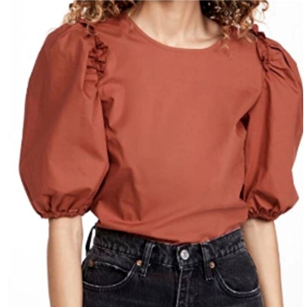 English Factory Cotton Poplin Puff Sleeve Blouse Rust Size XS